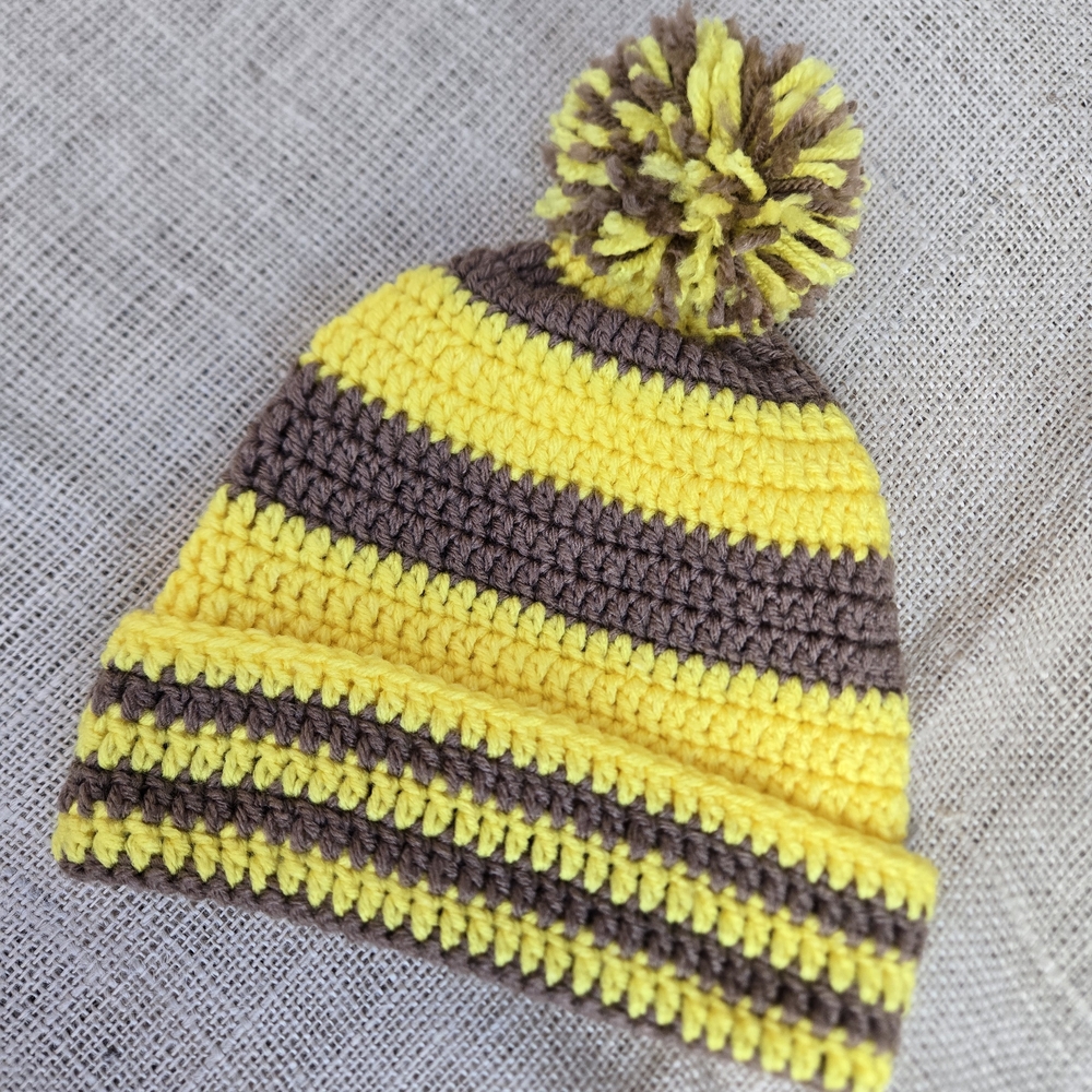 Cozy Striped Crochet Yellow and Brown  Pom-Pom Beanie